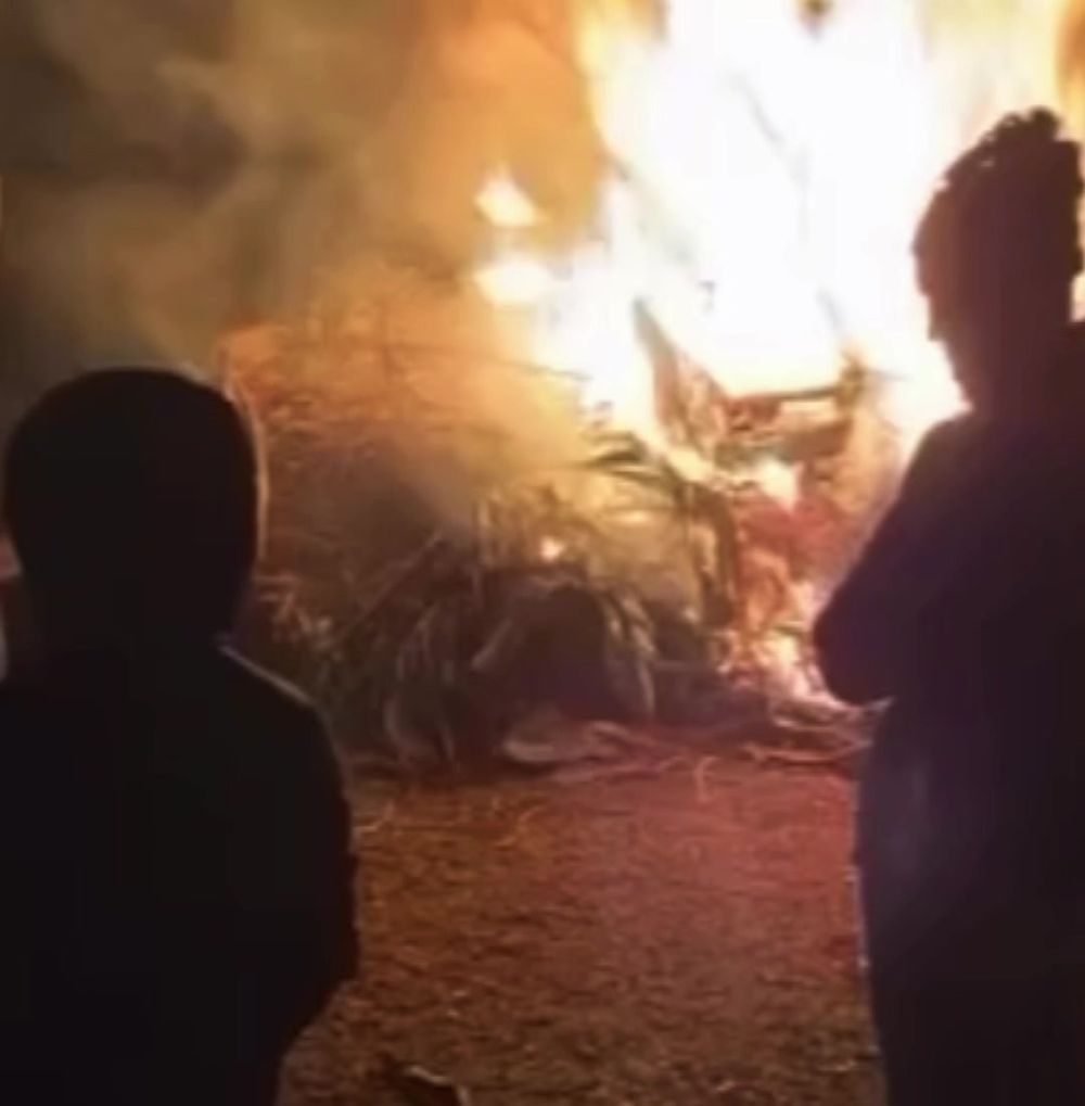 A fire on the property after dark