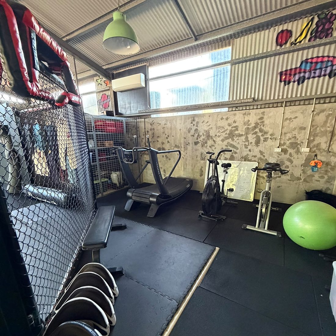Curved treadmill, air bike and spin bike in the training shed
